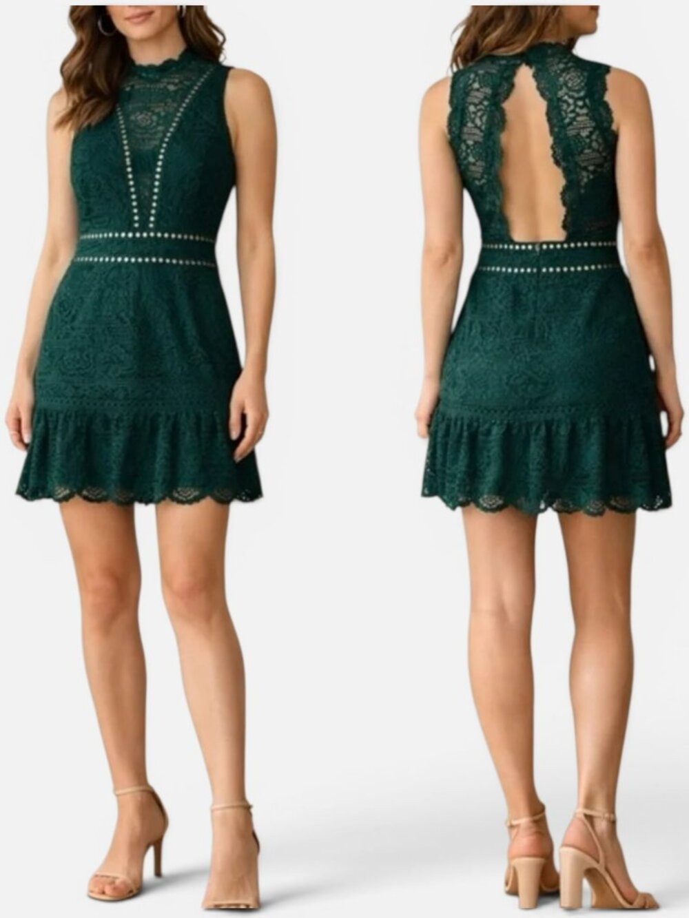 Saylor Green Lace Mini Dress Open Back Sleeveless Fit Flare Womens M